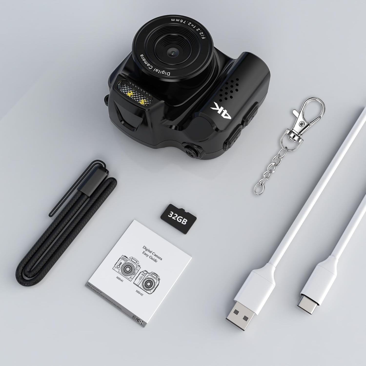WIKICO Mini Camera Keychain HJD02 with included accessories: USB-C cable, keychain, 32GB Micro SD card, and user guide.