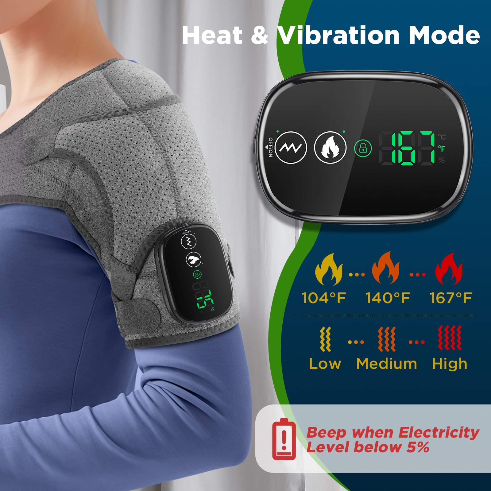 Almohadilla térmica de hombro inalámbrica, envoltura de hombro térmica con 3 modos de masaje, soporte de hombro con calefacción para aliviar el dolor, masajeador de hombro para hombres y mujeres (gris