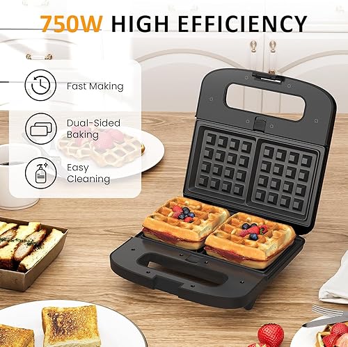 Miniatura 4 de Sunvivi Juego de plancha para gofres, parrilla de prensa Panini y sandwichera, prensa eléctrica 3 en 1 con placas antiadherentes extraíbles, luces