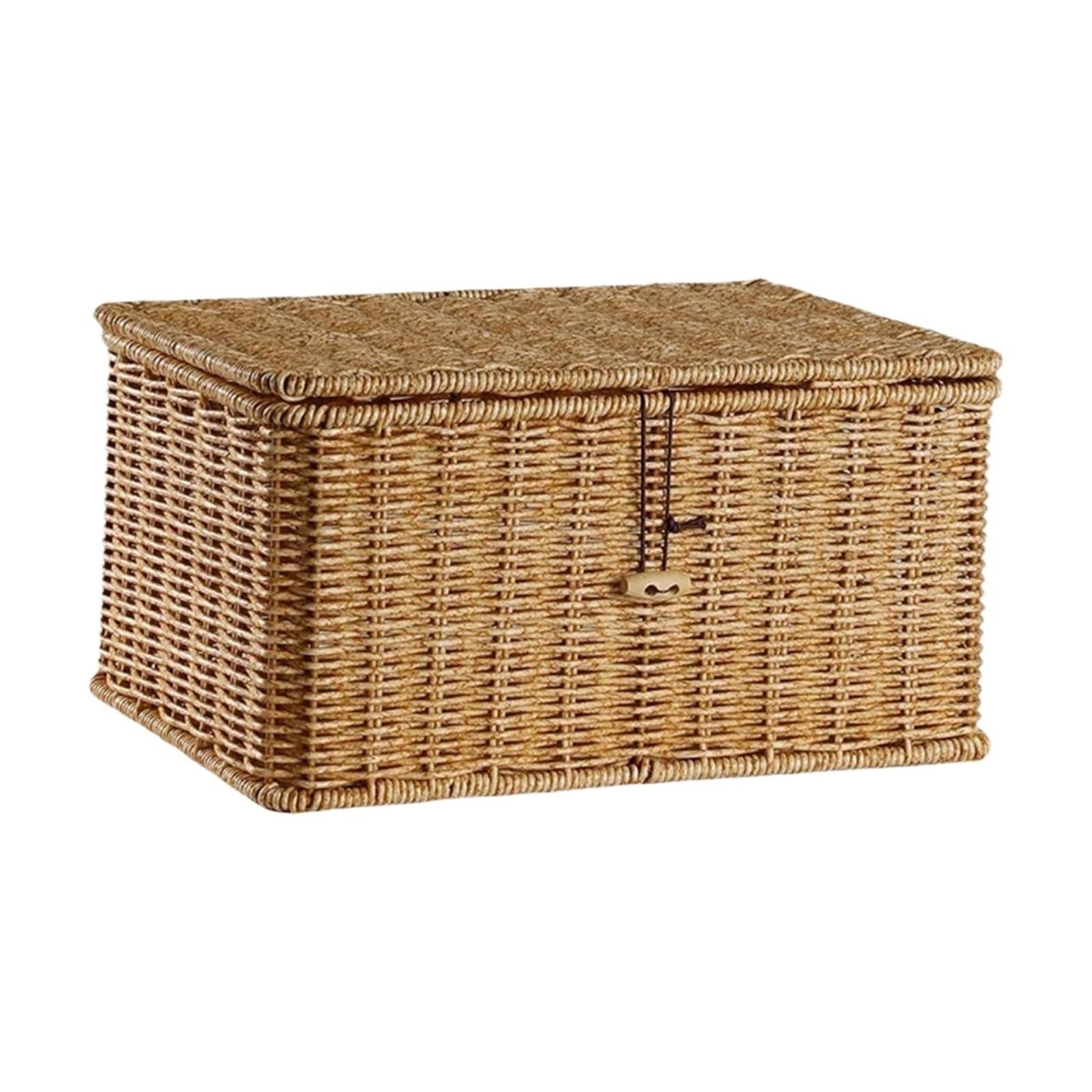 Household Storage Basket Imitation Rattan Woven Box with Lid Dustproof Clothes Sundries Container Desktop Organizer For Storage(M)