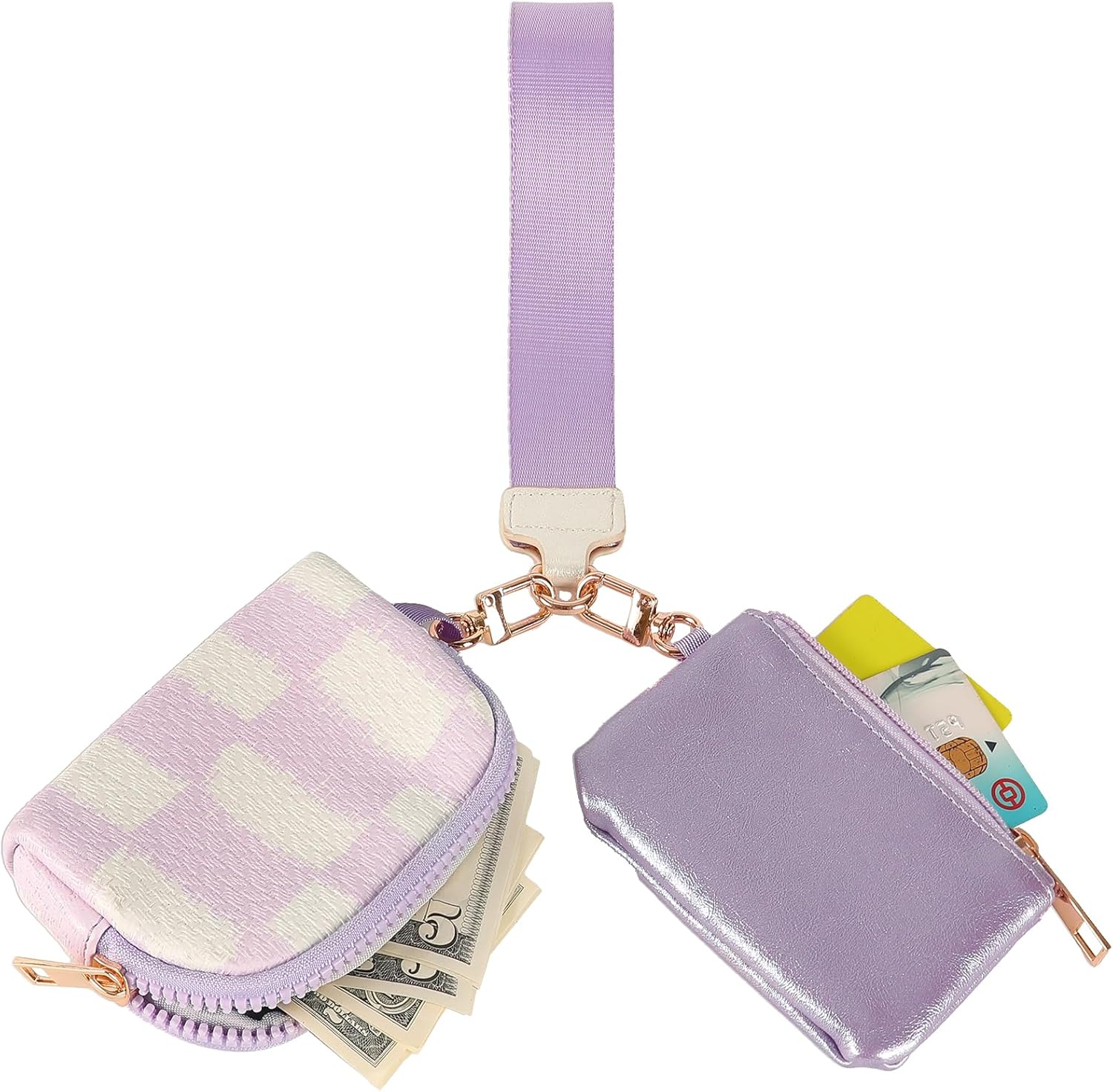 ミニジップアラウンド リストレット ウォレット レディース - デュアルポーチ キーチェーン コインパース フェイクレザー ポータブ