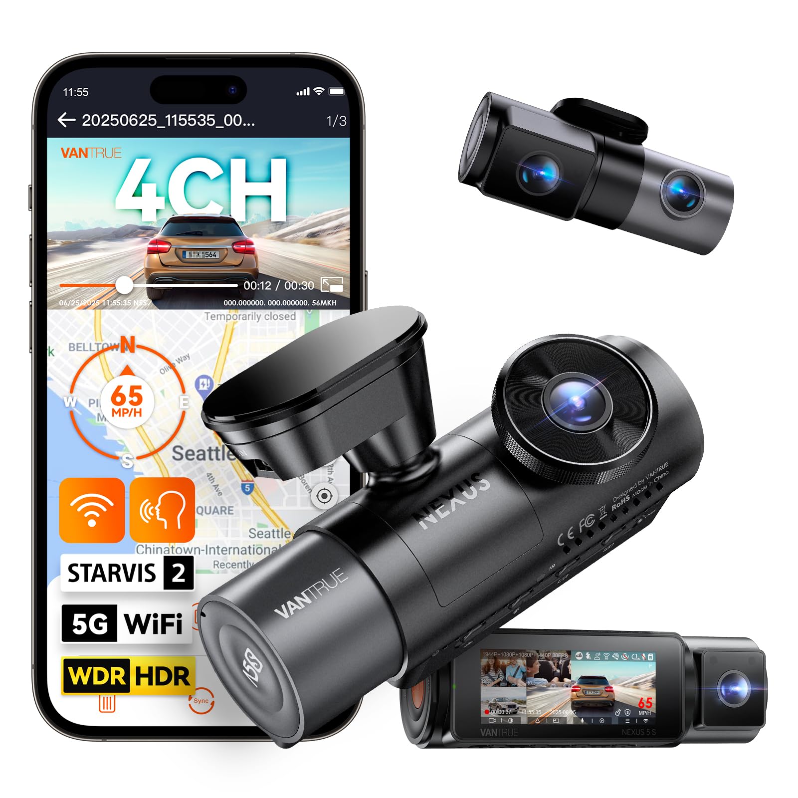 VANTRUEN5S 4 Channel WiFi 360 Degree Dash Cam, STARVIS 2, IR Night Vision, 2.7K+1080P*2+1440P Front Rear Inside Dashcam, Voice Control, GPS, OTA Support, 24 Hours Parking Mode, Support 1TB Max