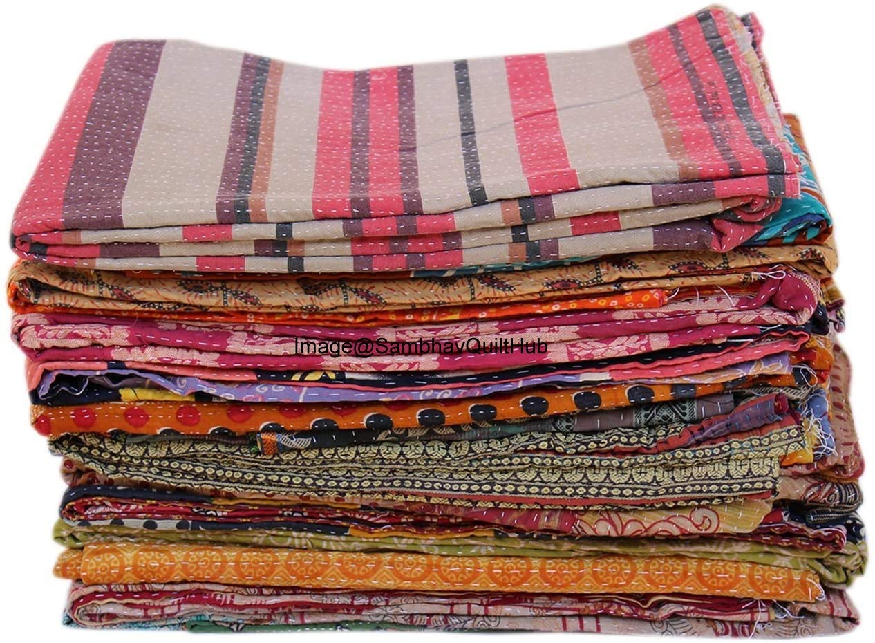 INDIEN BLEU FLORAL Kantha Couette Double & Coton Couverture