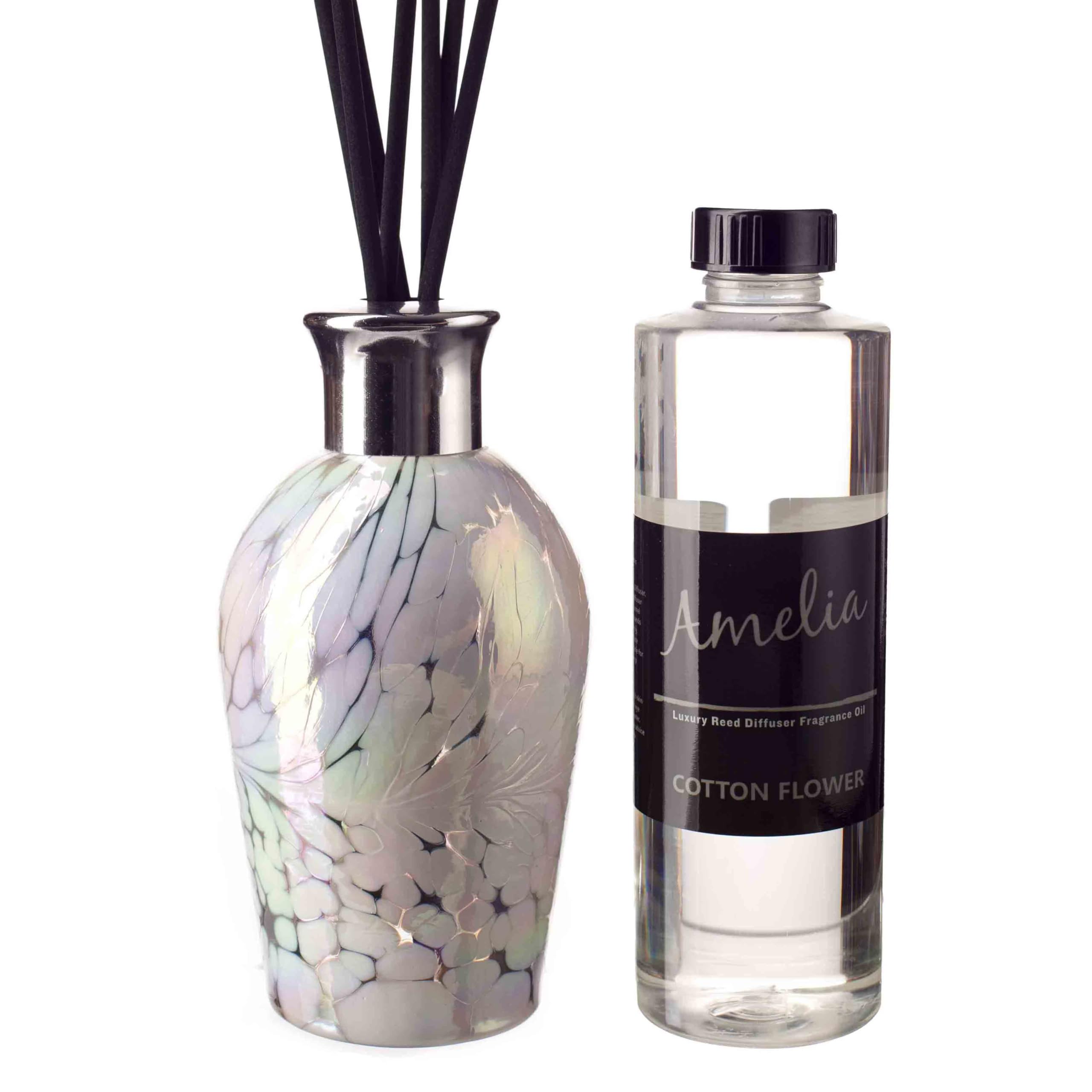 Amelia Art Glass White Reed Diffuser Dome - With Cotton Flower Fragrance & Gift Bag, Height 14Cm With Reeds 25Cm