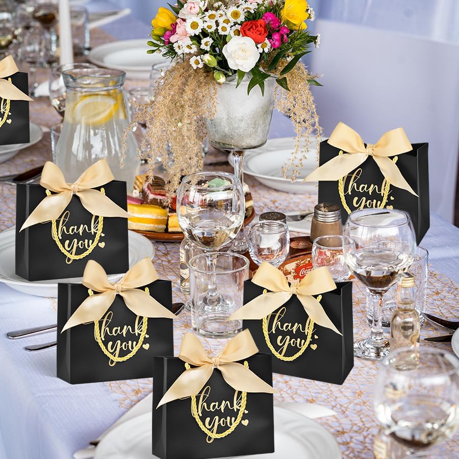 Nimbbex 50Pack Thank You Bags with Handles, 5.5x4.7x2.5 Inches Small Gift Bags with Bow Ribbon, Mini Party Favor Bags for Wedding Baby Shower Birthday (Black) - Image 5