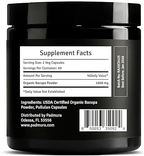 Miniatura 2 de Cápsulas orgánicas de hoja de Bacopa Monnieri en polvo  USDA Orgánico  Vegano  Sin gluten  120 cápsulas  1000 mg  para función cognitiva  Enfoque