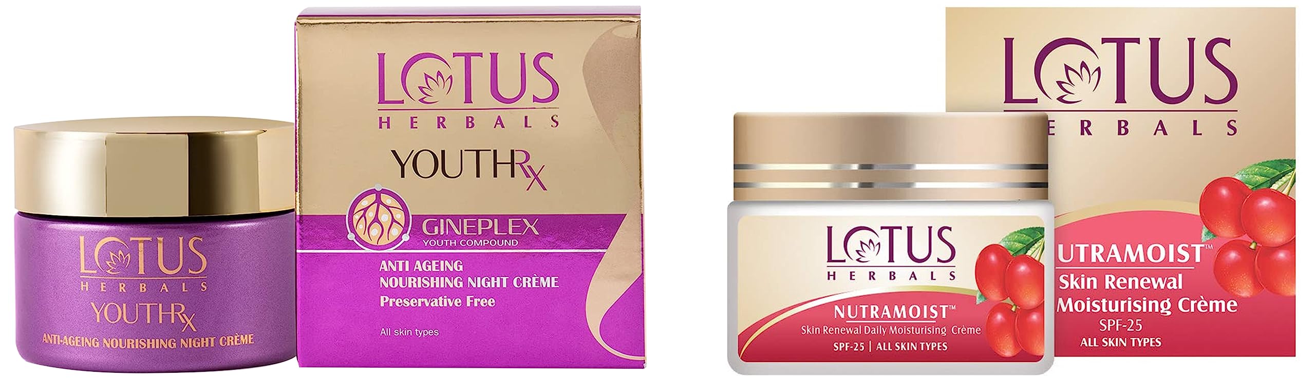 Lotus Herbals Youth Rx Anti-aging Skin Care Range – Lotus Herbals Youth Rx Anti-Aging Nourishing Night Crème – 50g And Lotus Herbals Nutramoist Skin Renewal Daily Moisturising Creme, SPF 25, 50g