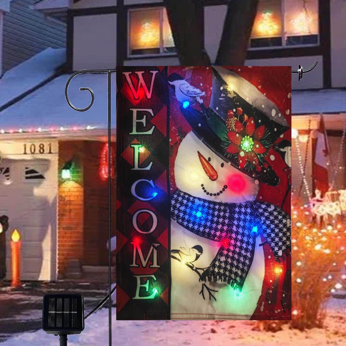 Solar Christmas Flag Light-Welcome Snowman Double-Sided Snowflake Garden Yard Hanging Flags Decor LED 8 Lighting Modes for Porch Outdoor Winter - Image 6