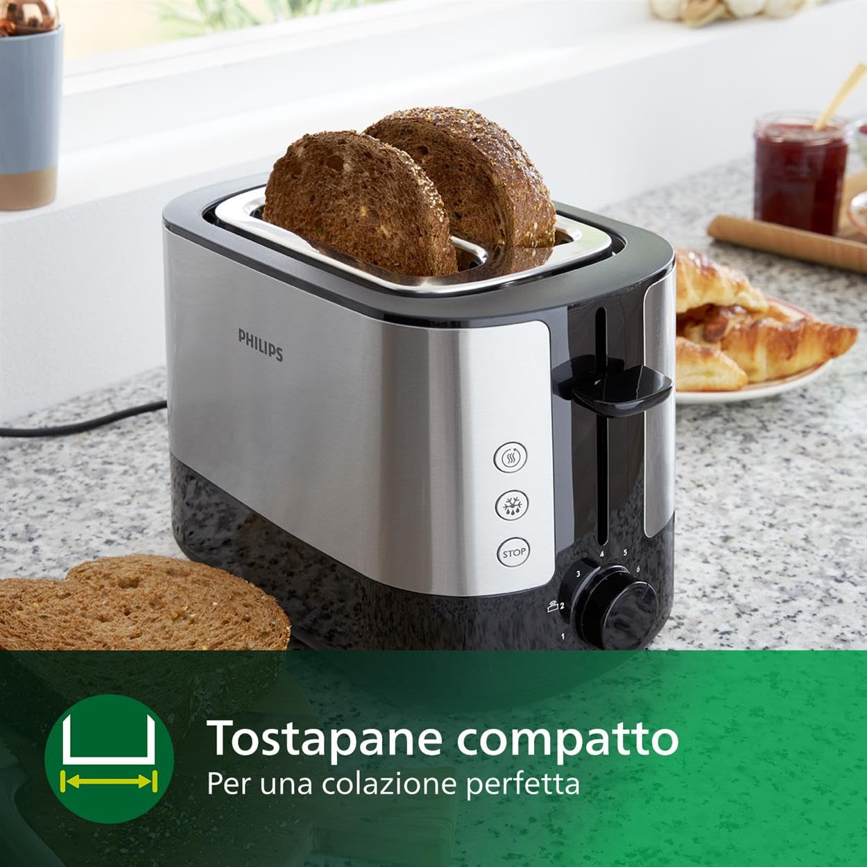 Philips Viva Collection Tostapane 2 Fette, 7 Impostazioni, 950W, Inox/Nero | Toaster con griglia scaldapanini, alloggiamenti ampi, scongelamento e vassoio raccoglibriciole rimovibile (HD2637/90)