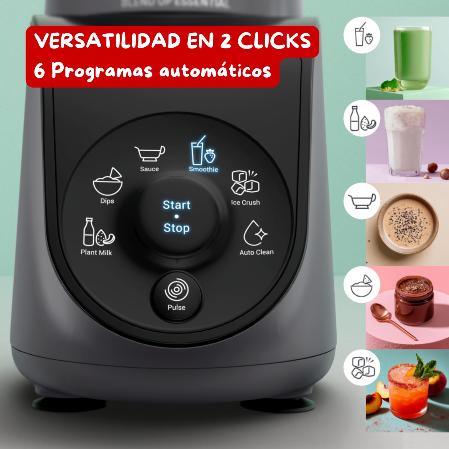 Moulinex Blend Up Essential, Batidora de vaso, 800 W, 6 Programas automáticos, 2 Botellas con tapa para llevar, Cuchillas Powelix, Color Gris, LM1EHBF0