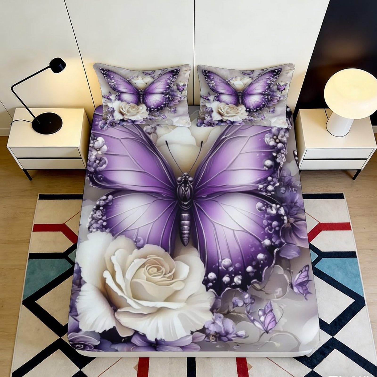 3D Printed Butterfly Rose Fitted Sheet Microfiber Deep Pocket Non-Slip Bedroom Decor Butterfly Mattress Fitted Cover for Adults Teens 200x200x25cm 90x200x25cm