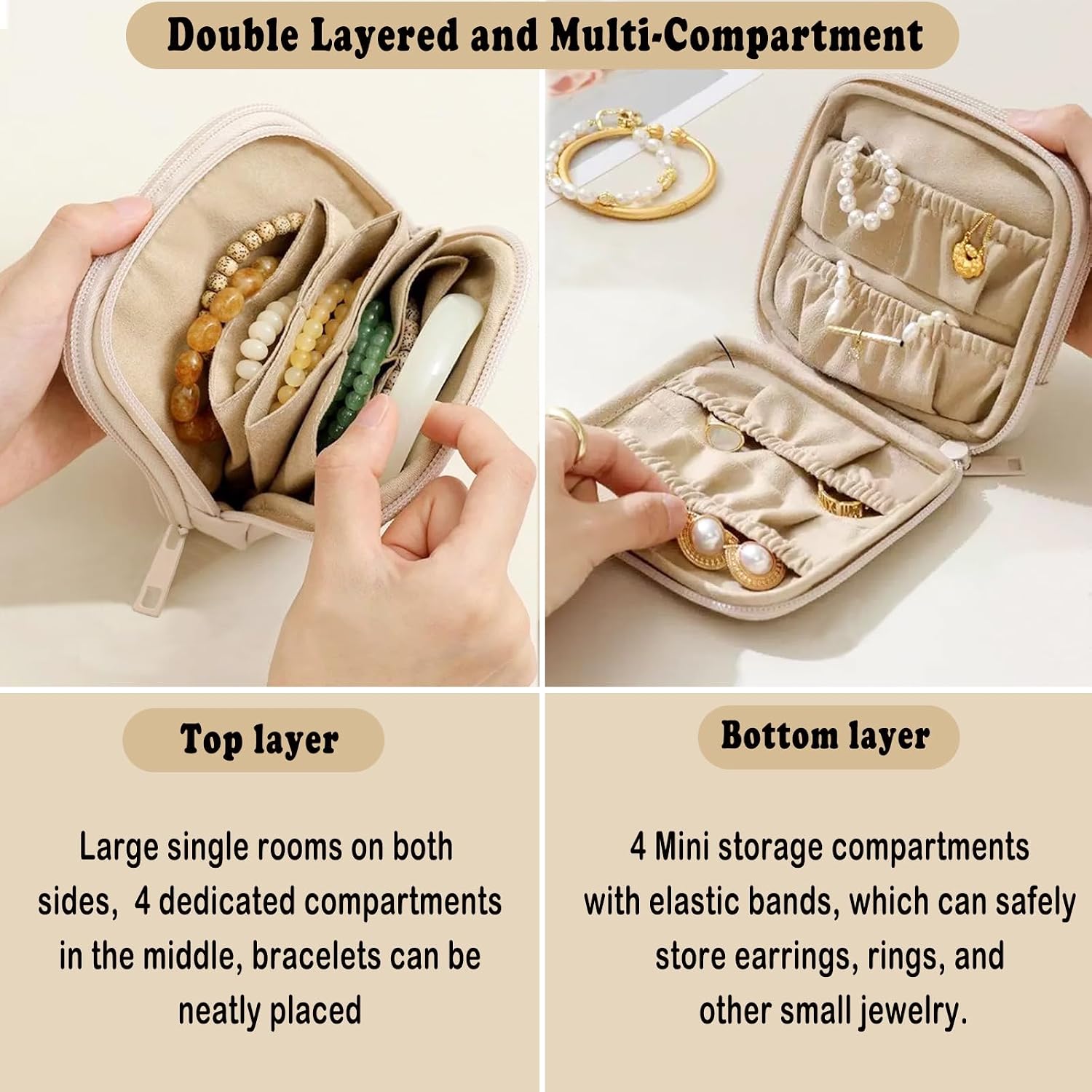 Small Travel Jewelry Case, Portable Double-Layer Mini Travel Jewelry Bag with Zipper, Velvet Organizer Pouch for Bracelets Rings Earrings, Travel Gifts for Women (Cream White)