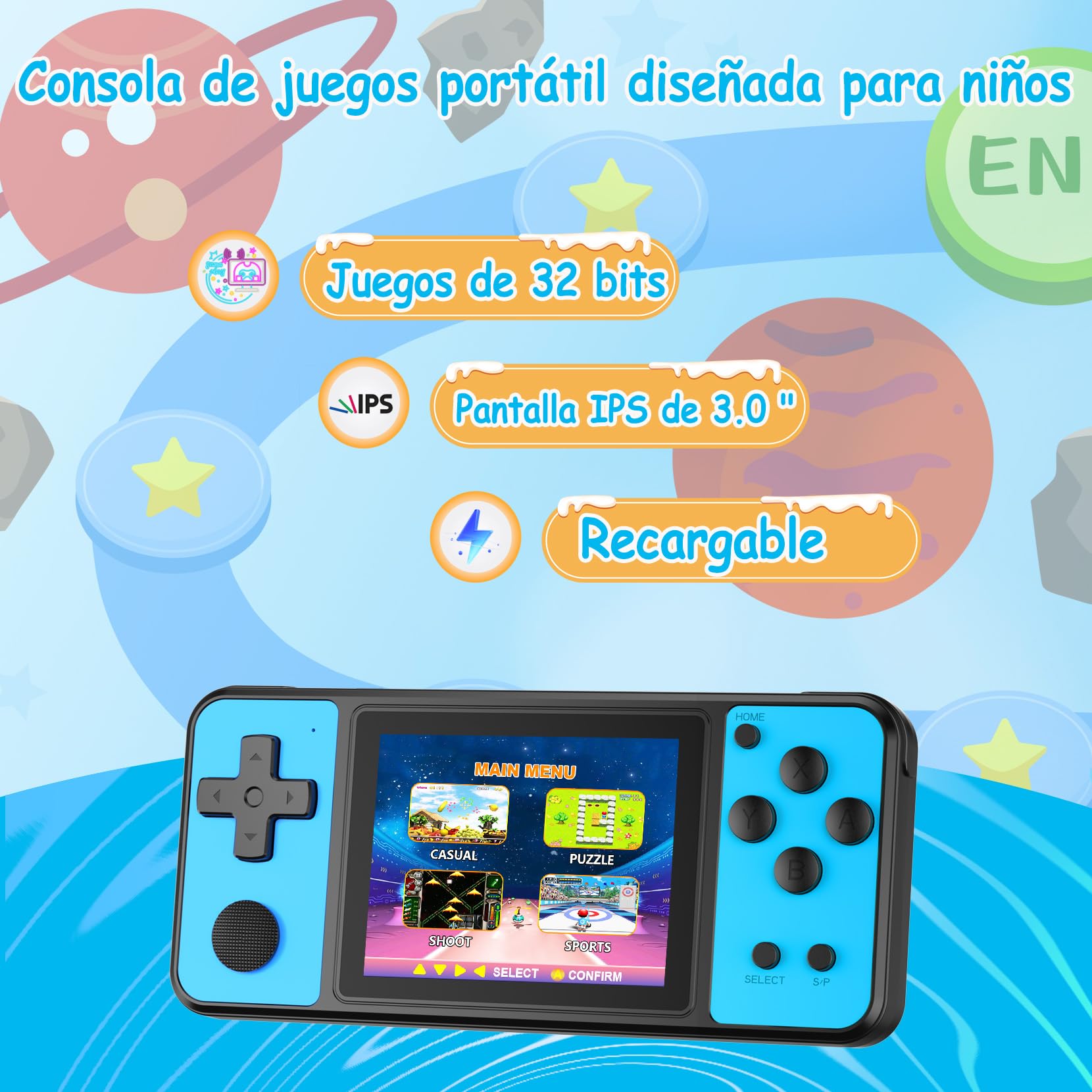 32 bit Consolas Portátiles de Juegos para Niños con 139 Videojuegos Retro, Mini Sistema de Juegos Portátil para Niños Niñas 4-13 con Pantalla IPS de 3,0" y Batería Recargable (Azul)
