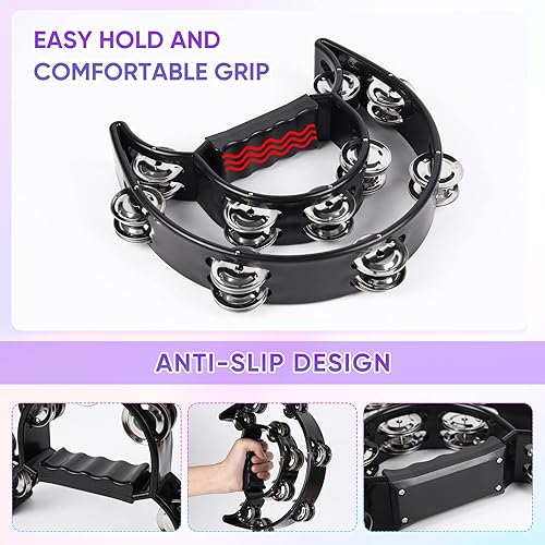 Miniatura 10 de Pandereta instrumento musical para adultos, panderetas de 10 pulgadas, media luna con agitadores de huevos, jingles de metal de doble fila,