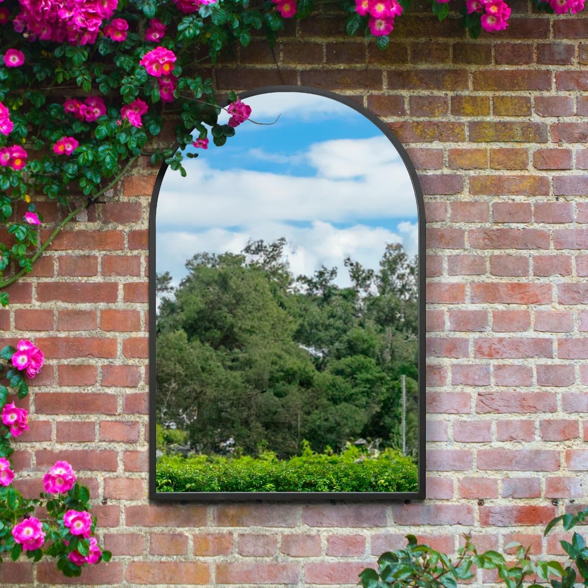 The Arcus - Black Metal Framed Arched Garden Wall Mirror 47" X 31" (120CM X 80CM). Suitable for Outside and Inside