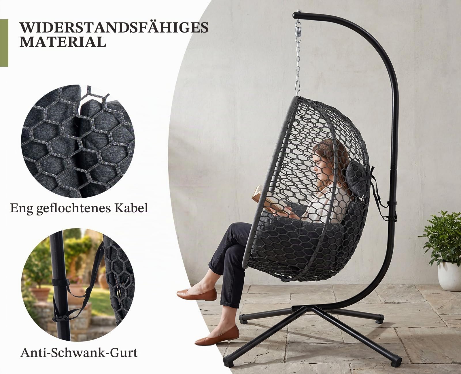 Ya-Home Hängesessel Outdoor mit Gestell Bequemer Hängeschaukel Grau | Hängekorb Sessel mit Kissen & Auflagepolster für Outdoor und Indoor, Balkon Schaukelstuhl Gartenschaukel belastbar bis 180kg