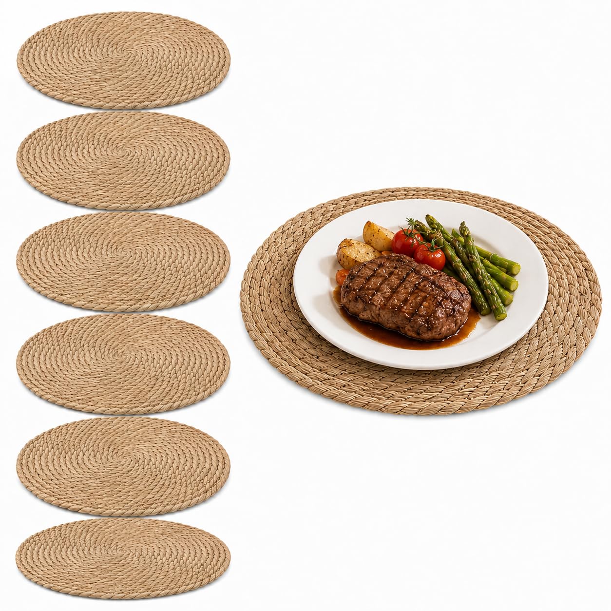 Set di 6 tovagliette rotonde in giacinto d'acqua intrecciato a mano, 30 cm, tovagliette in vimini naturale per tavolo da pranzo, cucina, matrimoni e fattoria, decorazione per la casa