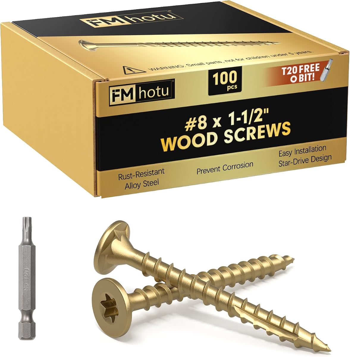 #8 x 1-1/2” Deck Screws, 100Pcs Star Drive Wood Screws | Rust Resistant Timber Screws for Timber/Log/Landscaping Wood, T20 Star Bit Included, Gold