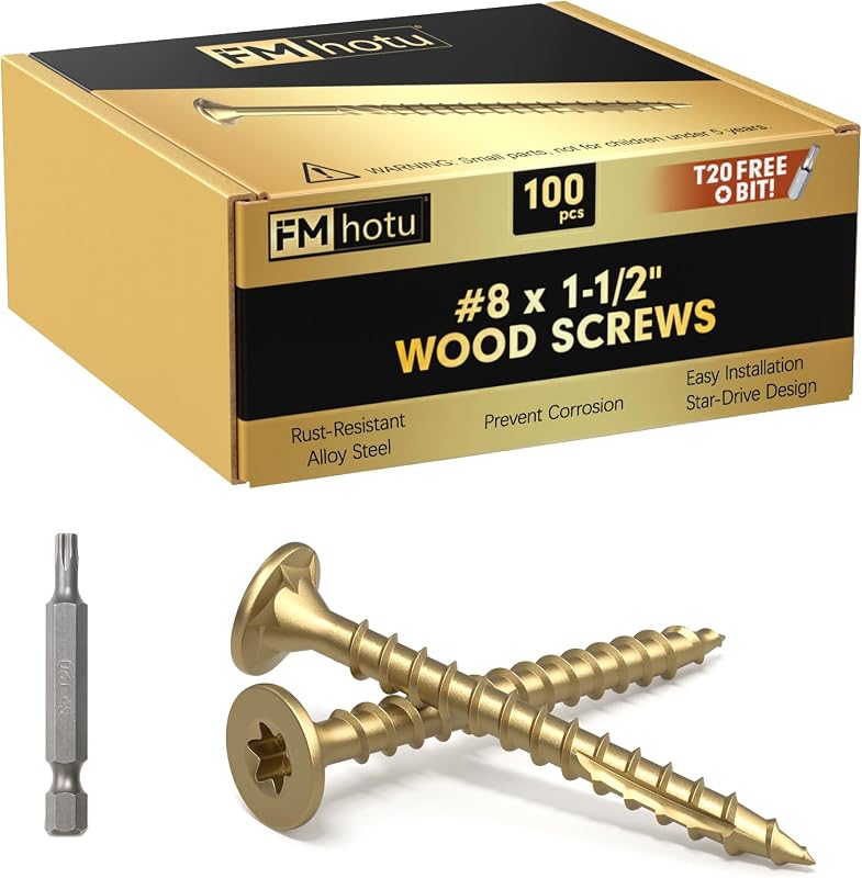 #8 x 1-1/2” Deck Screws, 100Pcs Star Drive Wood Screws | Rust Resistant Timber Screws for Timber/Log/Landscaping Wood, T20 Star Bit Included, Gold