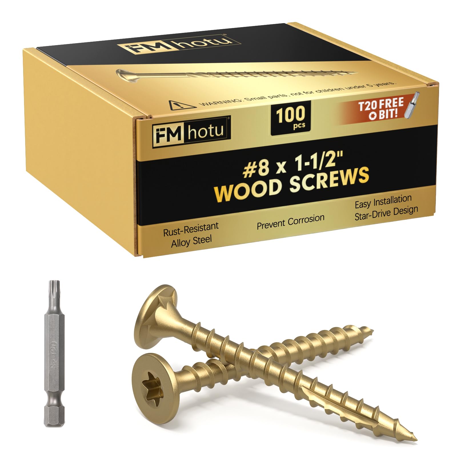 Photo 1 of #8 x 1-1/2” Deck Screws, 100Pcs Star Drive Wood Screws, Rust Resistant Timber Screws for Timber/Log/Landscaping Wood, T20 Star Bit Included, Gold