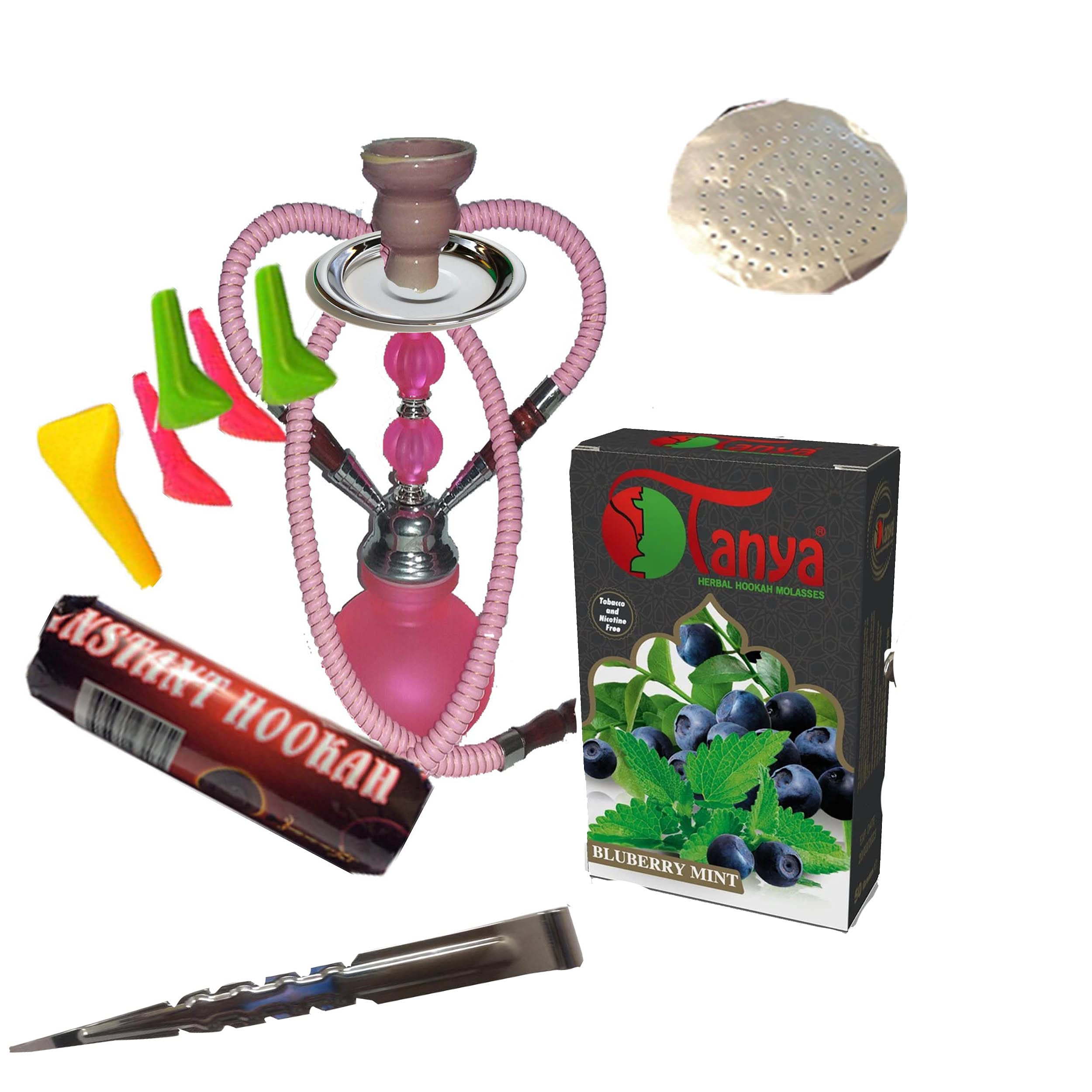 2 Hose,Water Shisha Bong Glass Smoking,Free charcoal &Mouth tips , 25 foil and 1 flavor (PINK AND MINT FLAV)