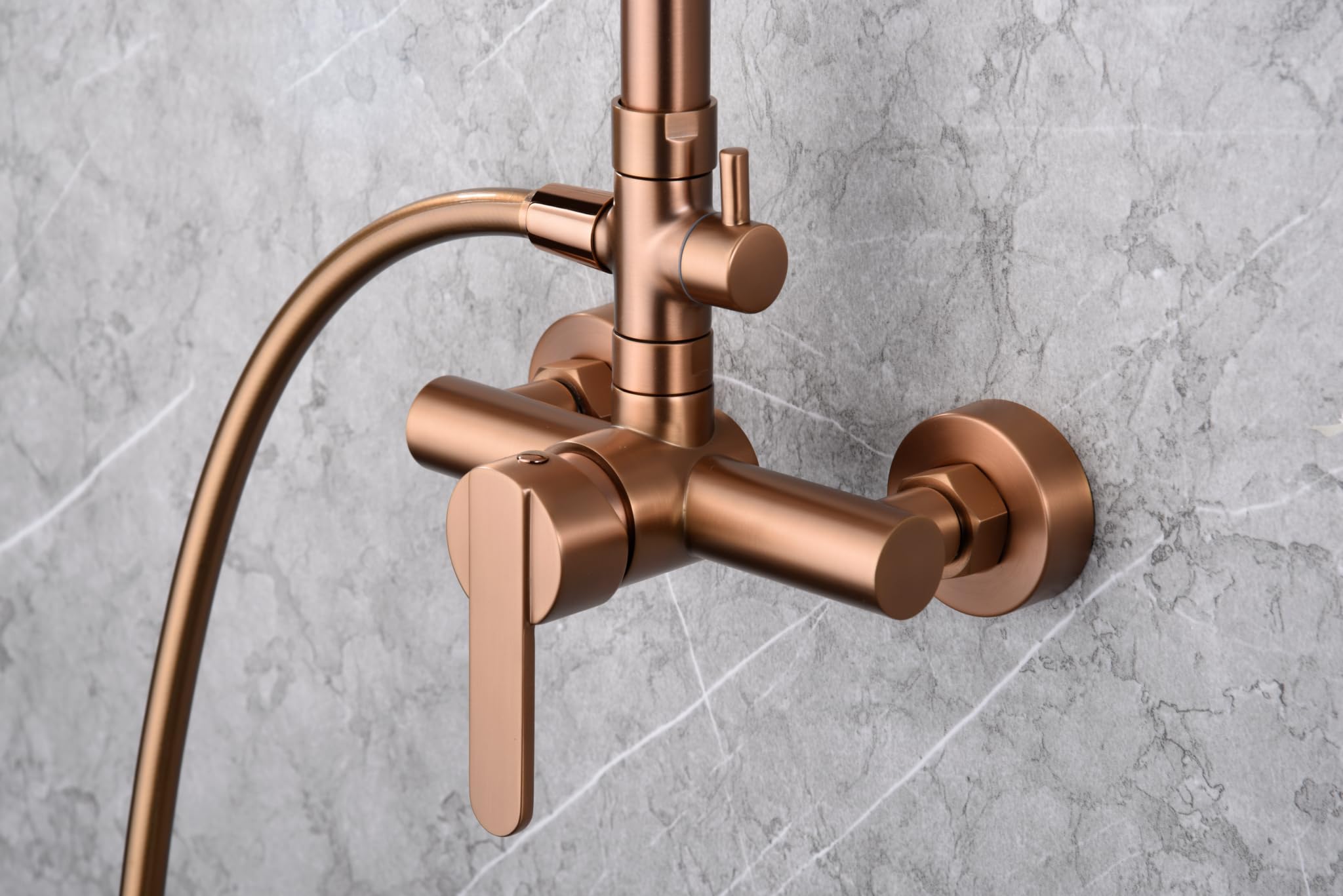 IMEX Barra de Duchao – Grifería de Latón Serie ROMA, Columna Ducha Moderna, Extraplano con Rociador Ø20 cm, 3 Posiciones, Acabado Antical. (Oro Rosa Cepillado)