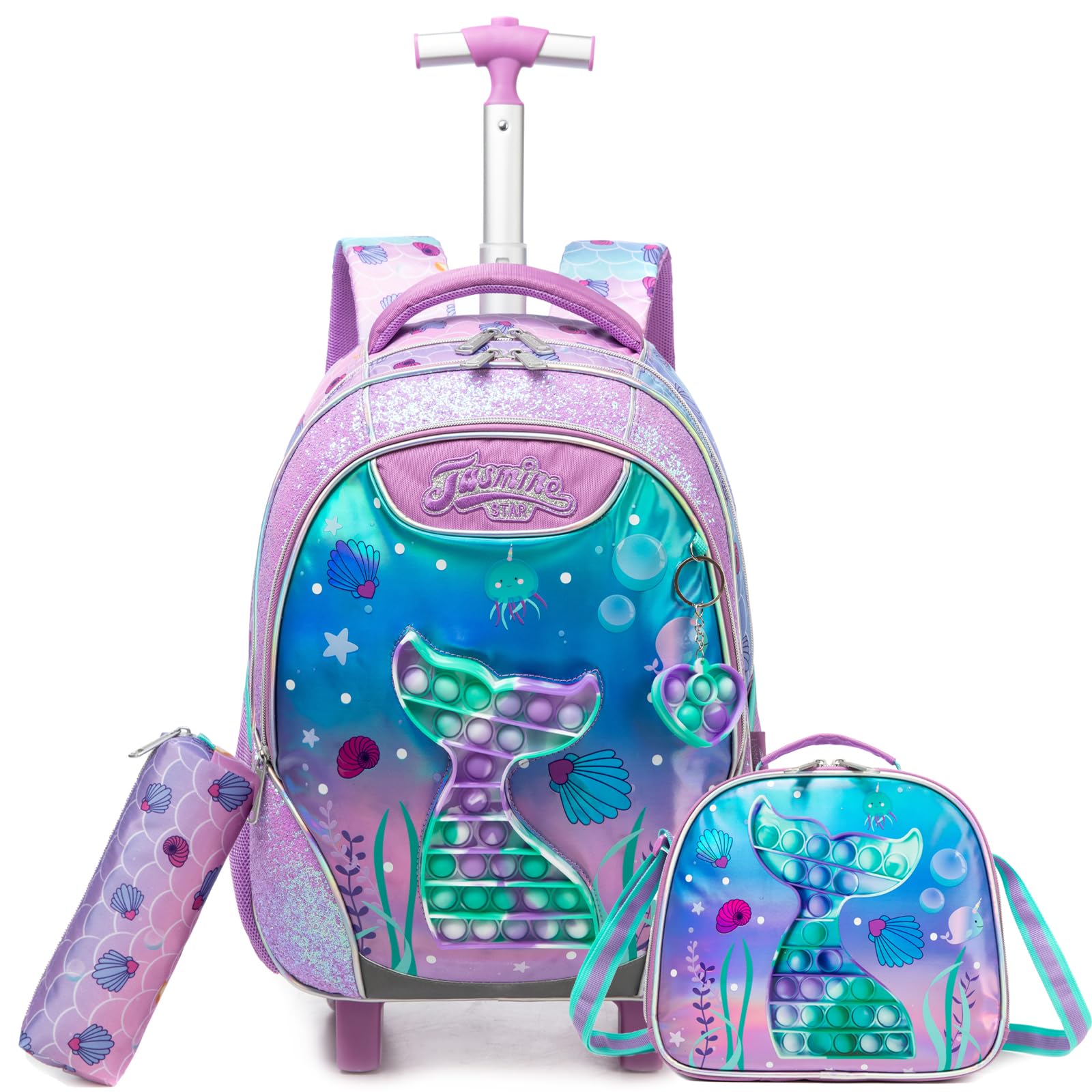 Sac a Dos Roulette Fille Enfant Cartable Cabine Primaire Valise École Maternelle Sacs à D'école pour Voyage de Bagages Ensemble Adolescents Grand Étudian Poches Toy Sirène Rose