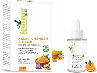 Vitamin C Serum + Herbal Radiance Face Pack Combo | 3% Niacinamide, Kesar, Chandan, Haldi | Brightening, Acne Control, Oil Balance | Fades Dark Spots & Boosts Glow | Men & Women