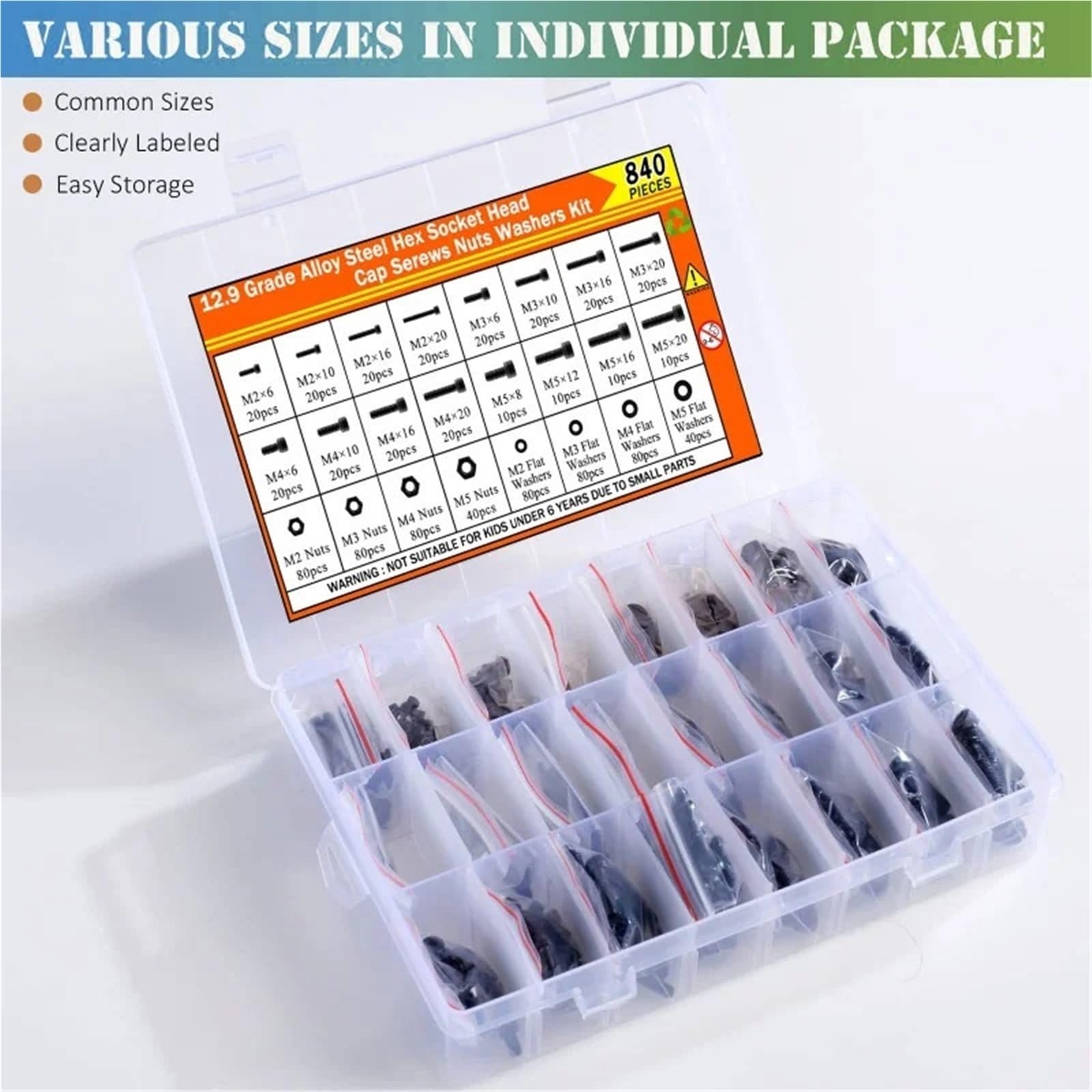 Bulloni E Dadi Kit dadi for viti a esagono incassato M2 M3 M4 M5 840 pezzi, set di bulloni metrici in acciaio legato con scatola e 4 chiavi esagonali