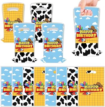 JU XIN 40pcs Cartoon Story Birthday Party Favor Bags, Blue Sky White Cloud and Cow Print Candy Bags for Kids Party Decora