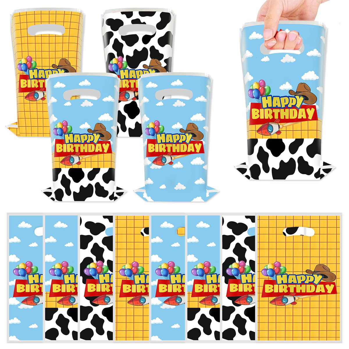 JU XIN 40pcs Cartoon Story Birthday Party Favor Bags, Blue Sky White Cloud and Cow Print Candy Bags for Kids Party Decora