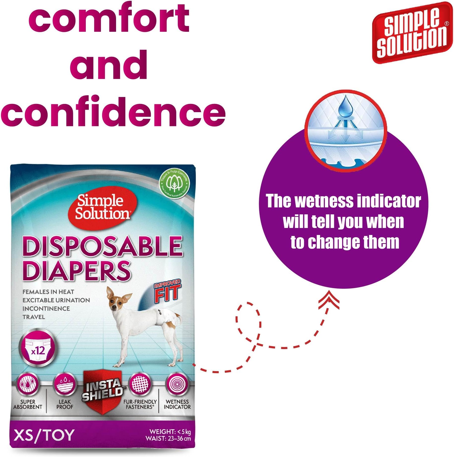 Simple Solution Improved Fit Disposable Female Dog Diapers, White, X-Small, Pack of 1 (12 Pieces)