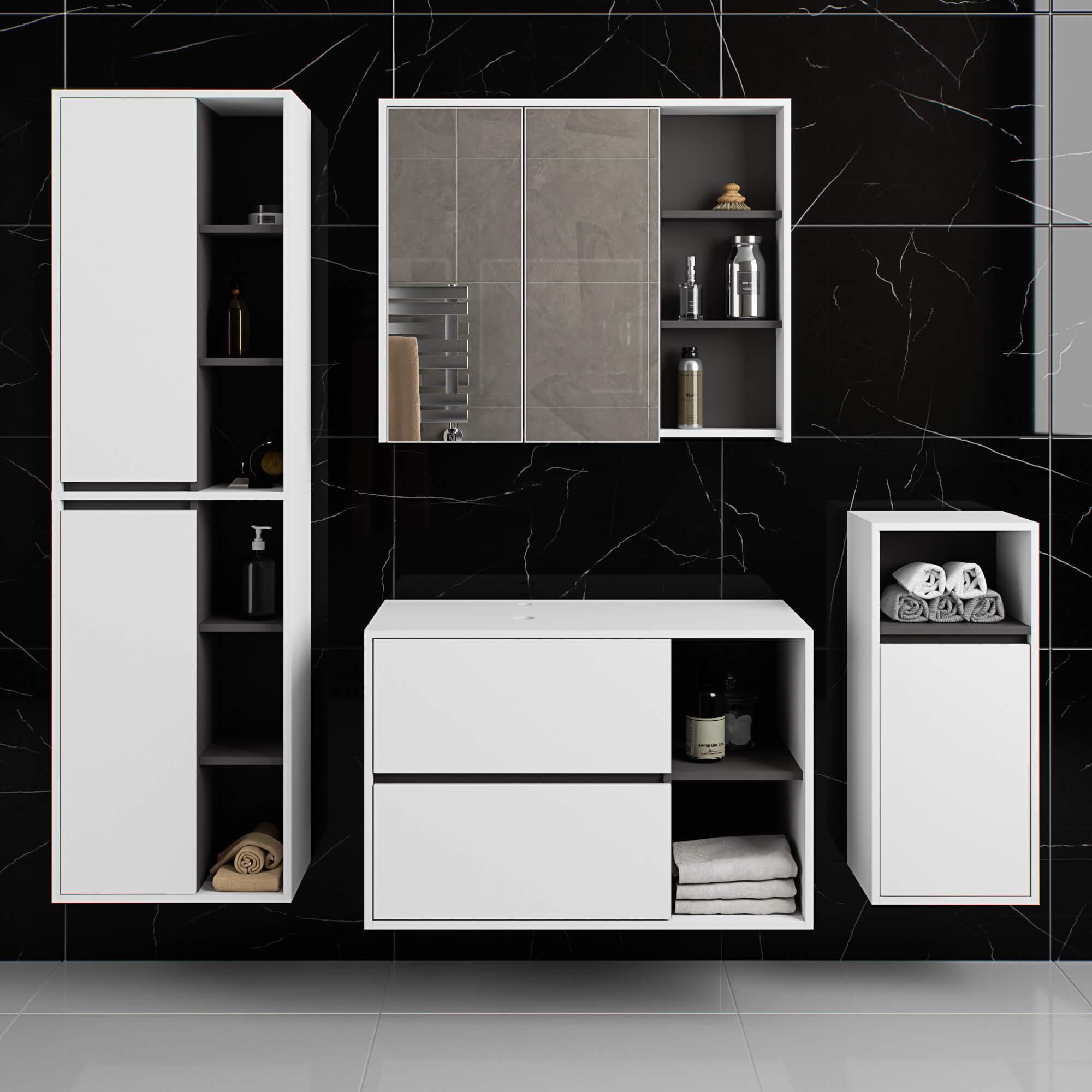 AKORD Badezimmer Komplett Set - Hängendes Badezimmermöbel-Set mit Spiegelschrank, Hängeschrank, Hochschrank & Unterschrank - Badmöbel - Weiß & Graphitgrau