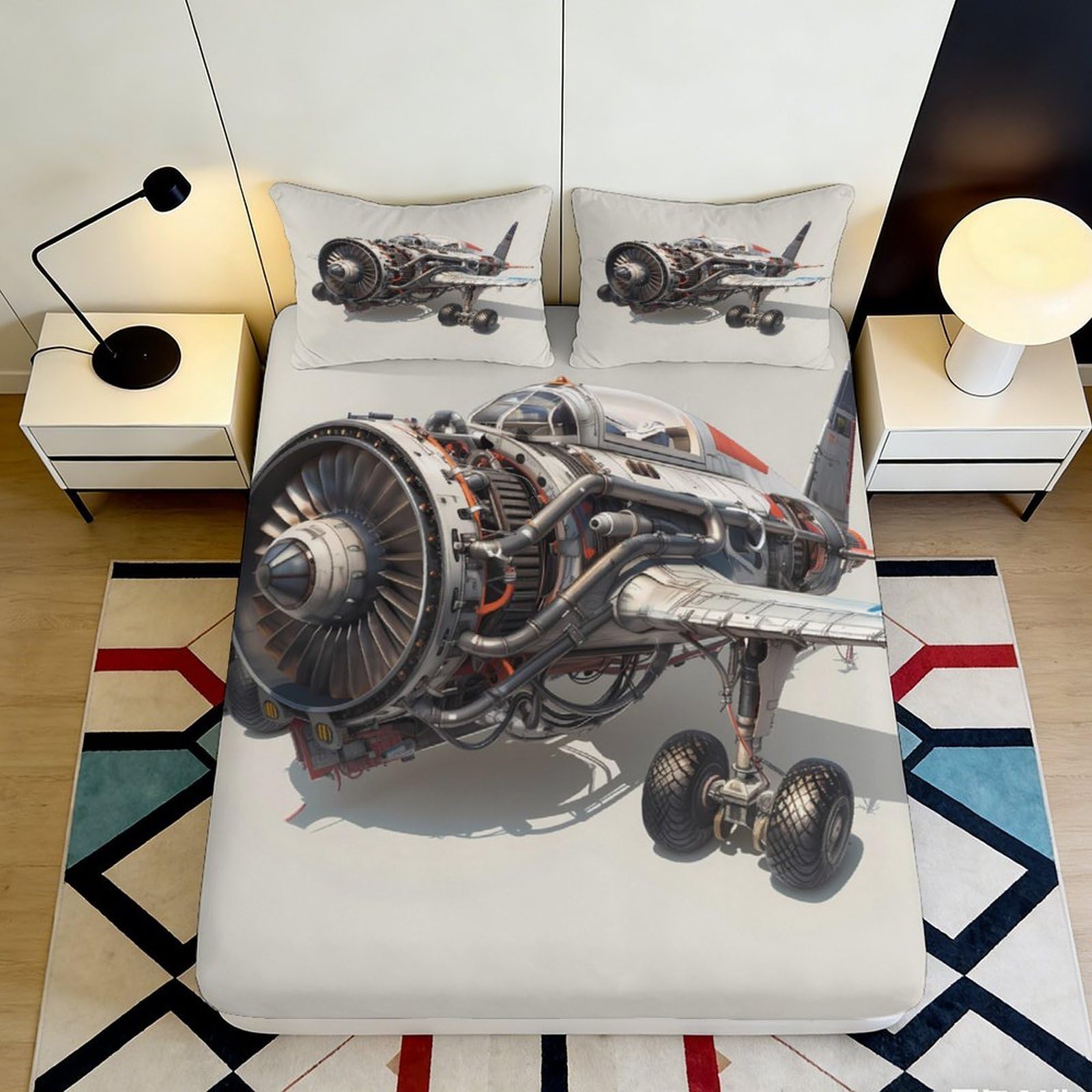 3D Printed Aircraft Engine Fitted Sheet Microfiber Soft Breathable Airplane Bed Cover for Bedroom Dorm Decor 90x200x25cm