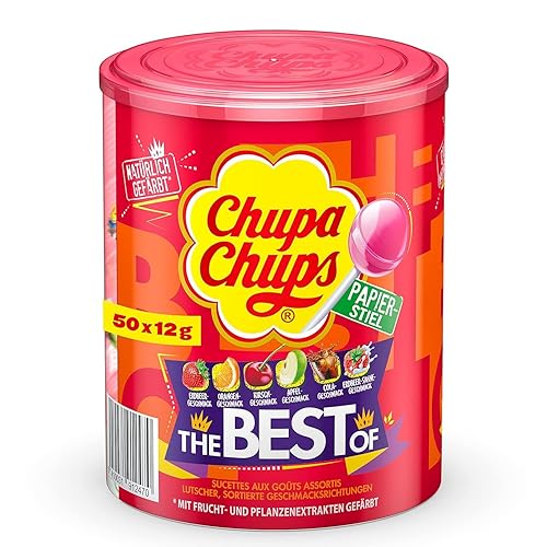 Chupa Chups Best of Lutscher-Dose, enthält 50 Lollis in 7 Geschmacksrichtungen Cola, Apfel, Erdbeere und weitere, geeignet für Geburtstag, Halloween, 50 x 12g - Obst, Erdbeere - 50 Stück (1er Pack)