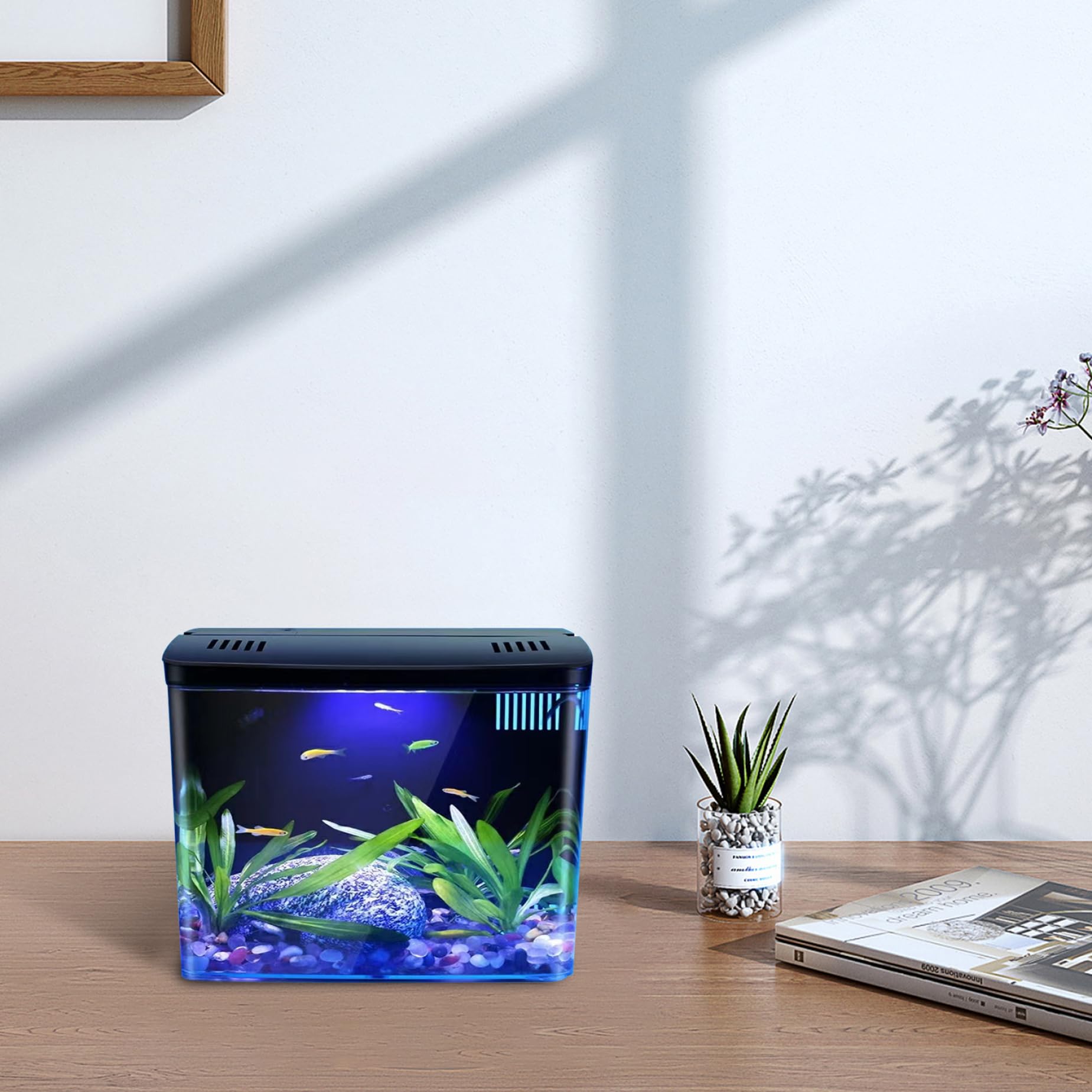 Piccolo Bosco di Pesce 1, 3 galloni, Acquario Trasparente con Filtro a 3 Strati e Luce a LED, Serbatoio del Desktop Auto -Pulizia per Betta, gamberi, Pesce Rosso, Nero