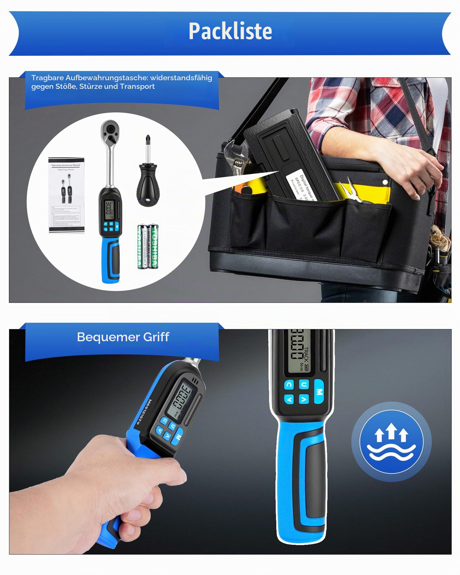Digitaler Drehmomentschlüssel mit 3/8 zoll Antrieb, 3-60Nm Drehmomentbereich, ±2% Genauigkeit, Akustischer und LED-Alarm, Peak & Follow-Modus, für Fahrrad, Motorrad und Auto