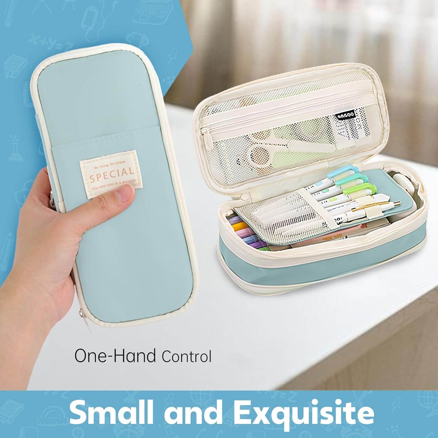 PRANIJ Cute Aesthetic Large Capacity Expandable Pencil Case Pouch with Zipper Portable Office Stationery Desk Organizer for School Collage Boys Girls Adults Women Men (Light Blue) 2