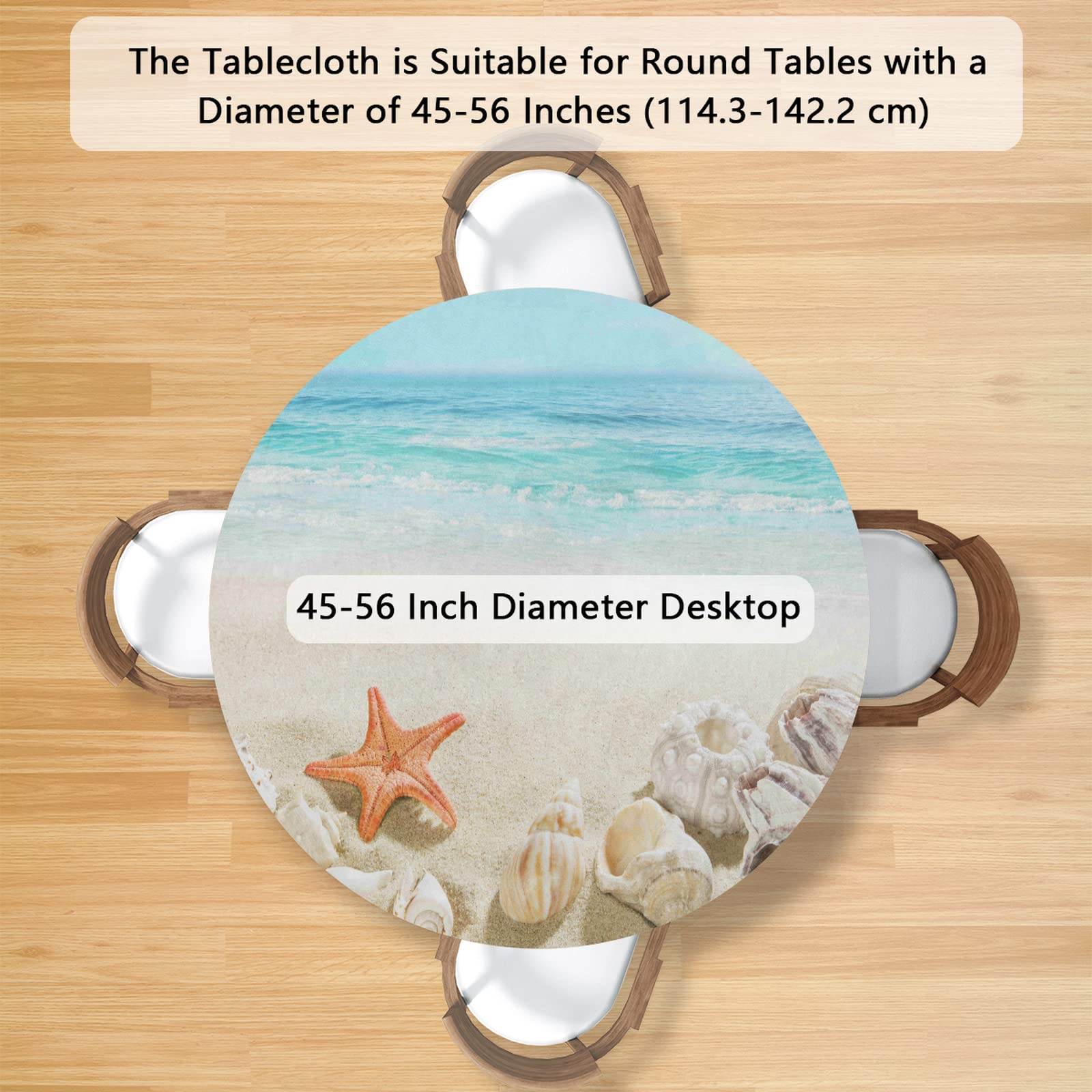 Summer Starfish Round Tablecloth with Elastic Edge,Ocean Seashells Beach Fitted Table Cloth Waterproof Wipeable Round Table Cover for Dining Kitchen Party Indoor Outdoor Patio Table 45