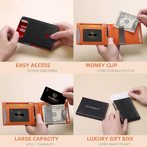 Miniatura 7 de RUNBOX Cartera delgada para hombre con clip para dinero bloqueo RFID bolsillo frontal plegable minimalista tarjetero de crédito para hombres con