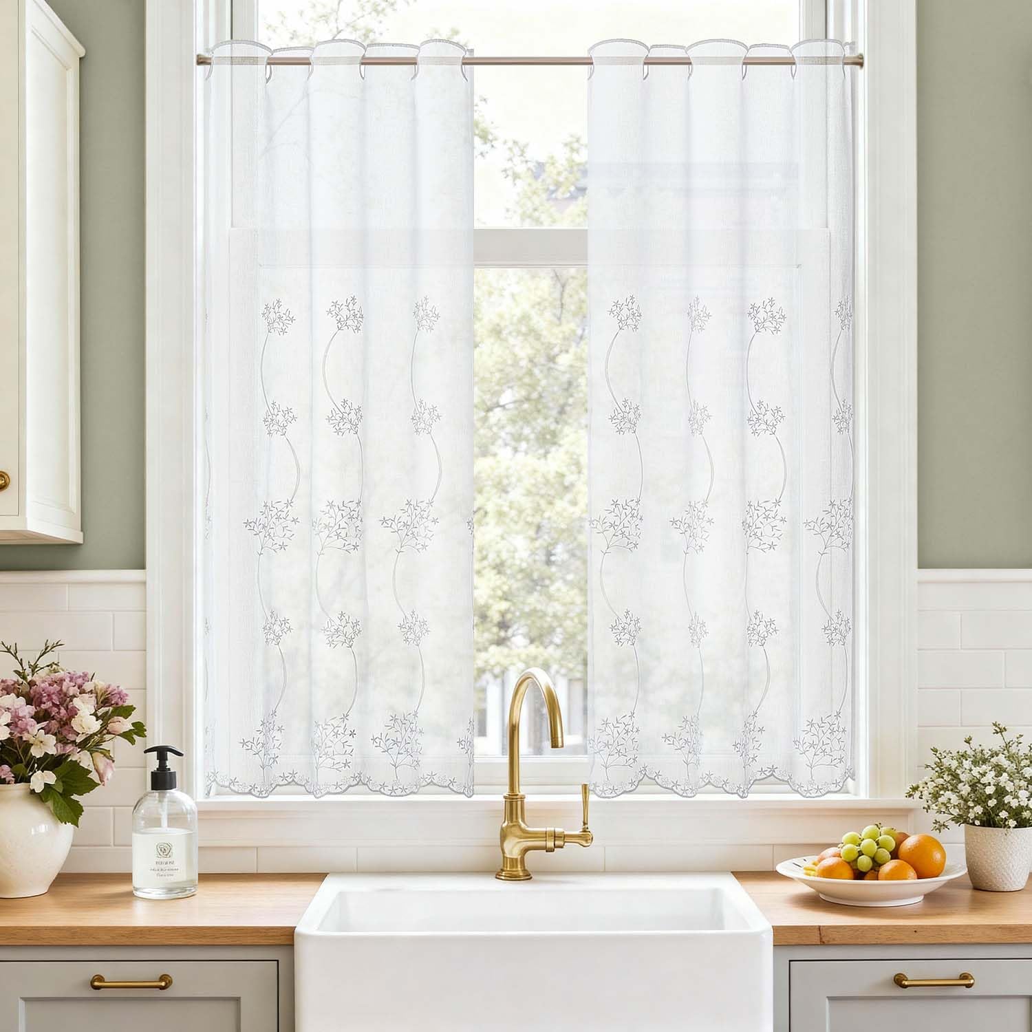 TOPICK Scheibengardine Küche lichtdurchlässig Bistrogardine Wohnzimmer modern Küchengardinen Gardine Schals Fensterschal Kurzgardine für Küche Küchenfenster Landhausstil