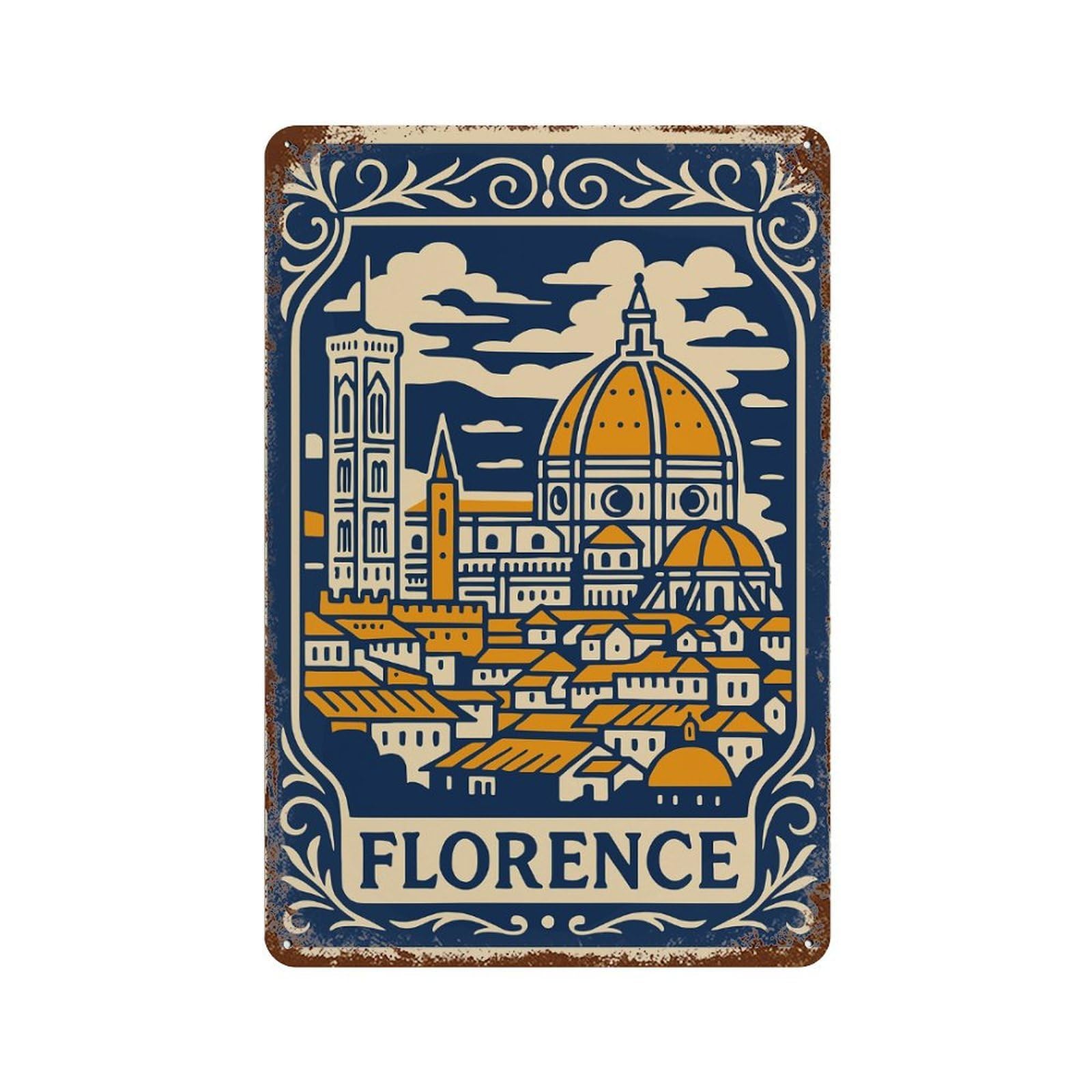Florence Cityscape Illustration Rust Effect Tin Sign 11.8"x7.9", Rustic Home Decor for Cafe, Home Bar And Lounge Decor