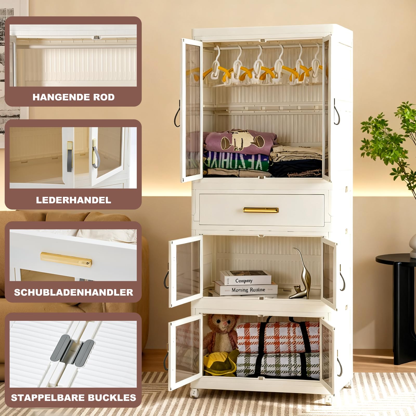 Kunststoff-Klappschrank mit Magnettüren und Rollen, 1 Aufhängung und 3 Aufbewahrungsplätze, 64x41x161,5 cm, Stabile und robuste Mehrzweckschränke für Zuhause und Büros