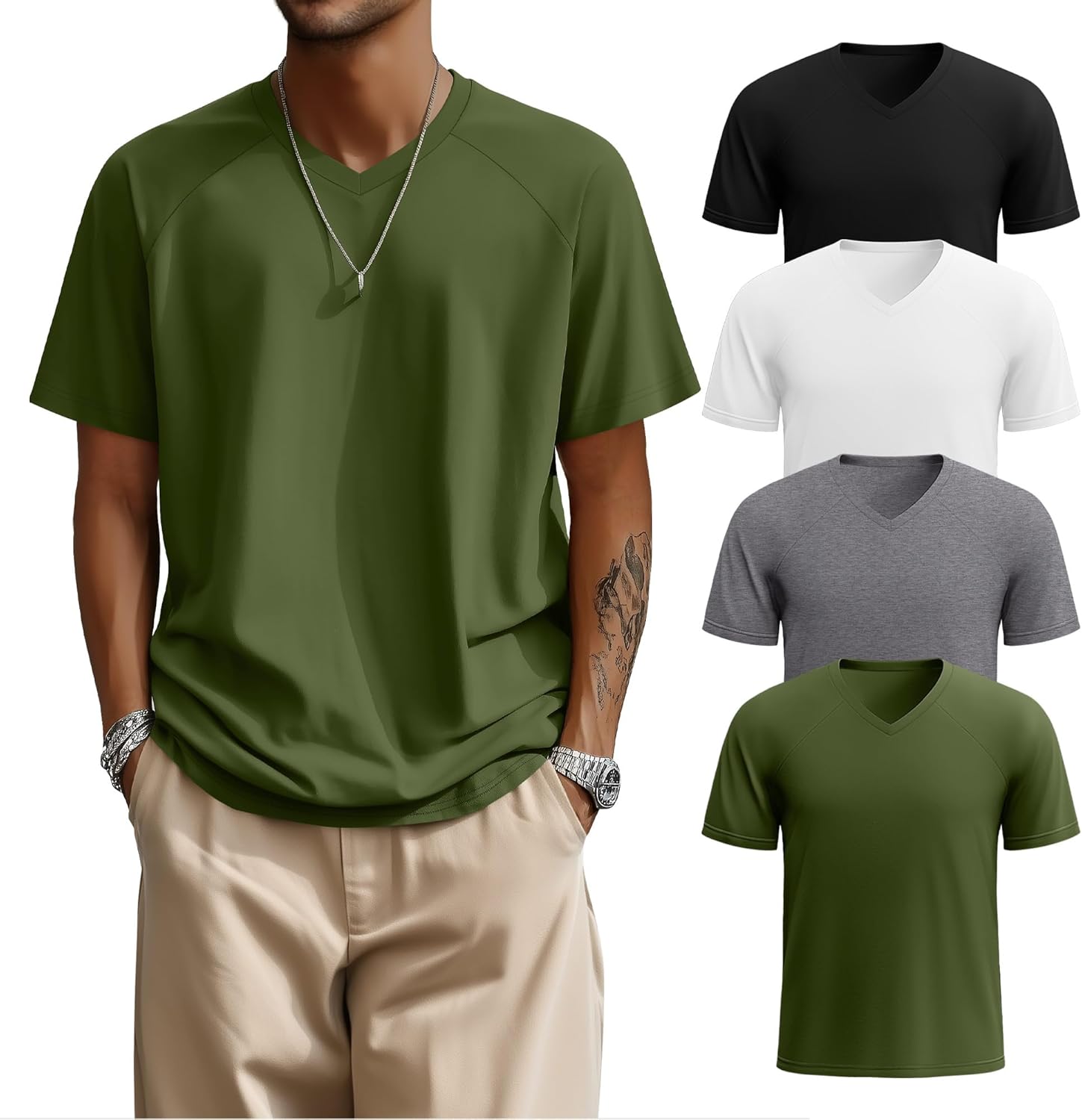 Riyiper 4 Pack Men's Big and Tall V Neck T-Shirts, Raglan Short Sleeve Oversized Top Casual Summer Basic Tee - Image 2
