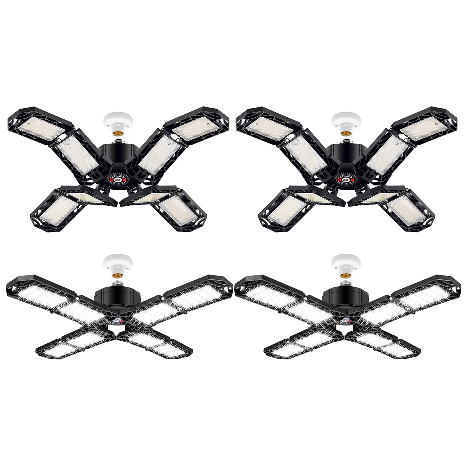 4 Pack LED Garage Light, Super Bright Screw in E26/E27 Ceiling Shop Work Lamp, 200W 20000 Lumen Deformable Basement Bulb Fixture with 8 Adjustable Panels