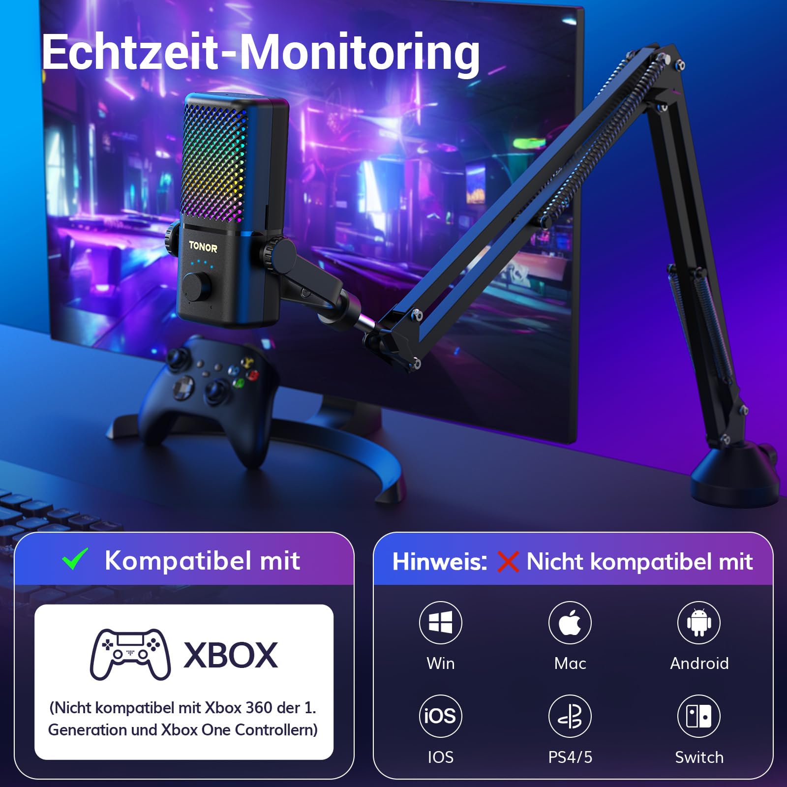 TONOR Gaming Mikrofon Kompatibel mit Xbox, Kondensator Mikrofon mit RGB, Mute/Gain Kontrolle/Überwachung, 30 Std. Akkulaufzeit Microphone für Spielkonsole, 200 cm Kabel, Mikrofonarm, Weiß, TCX3+