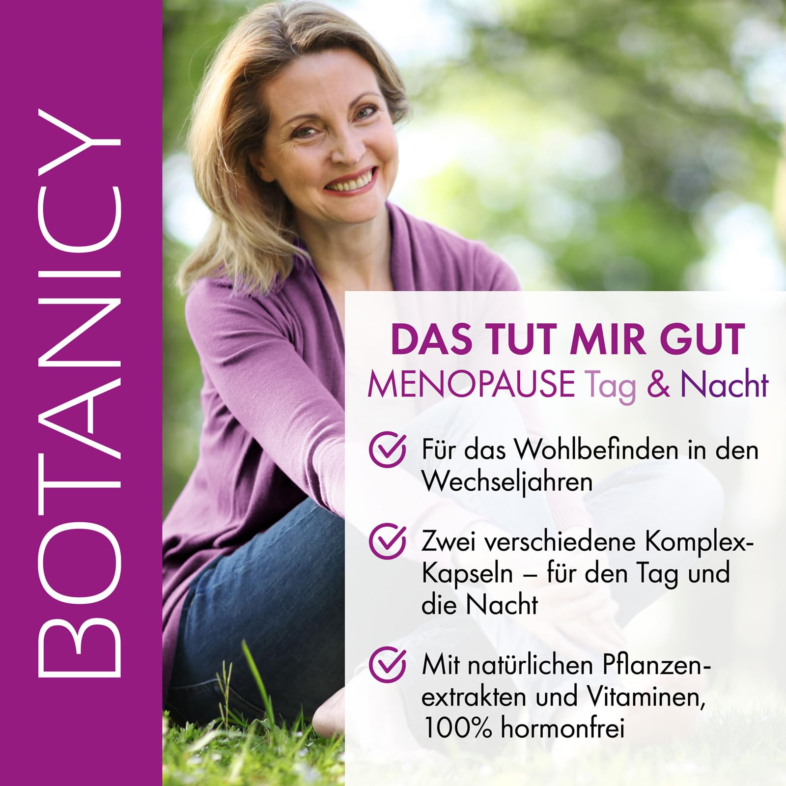 Botanicy MENOPAUSE TAG & NACHT - Gegen Wechseljahre Symptome - Doppel Komplex Morgen & Abend, mit Salbei & Baldrian - Pflanzenextrakte & Vitamine - Natürlich, Hormonfrei, Vegan - 60 Menopause Kapseln