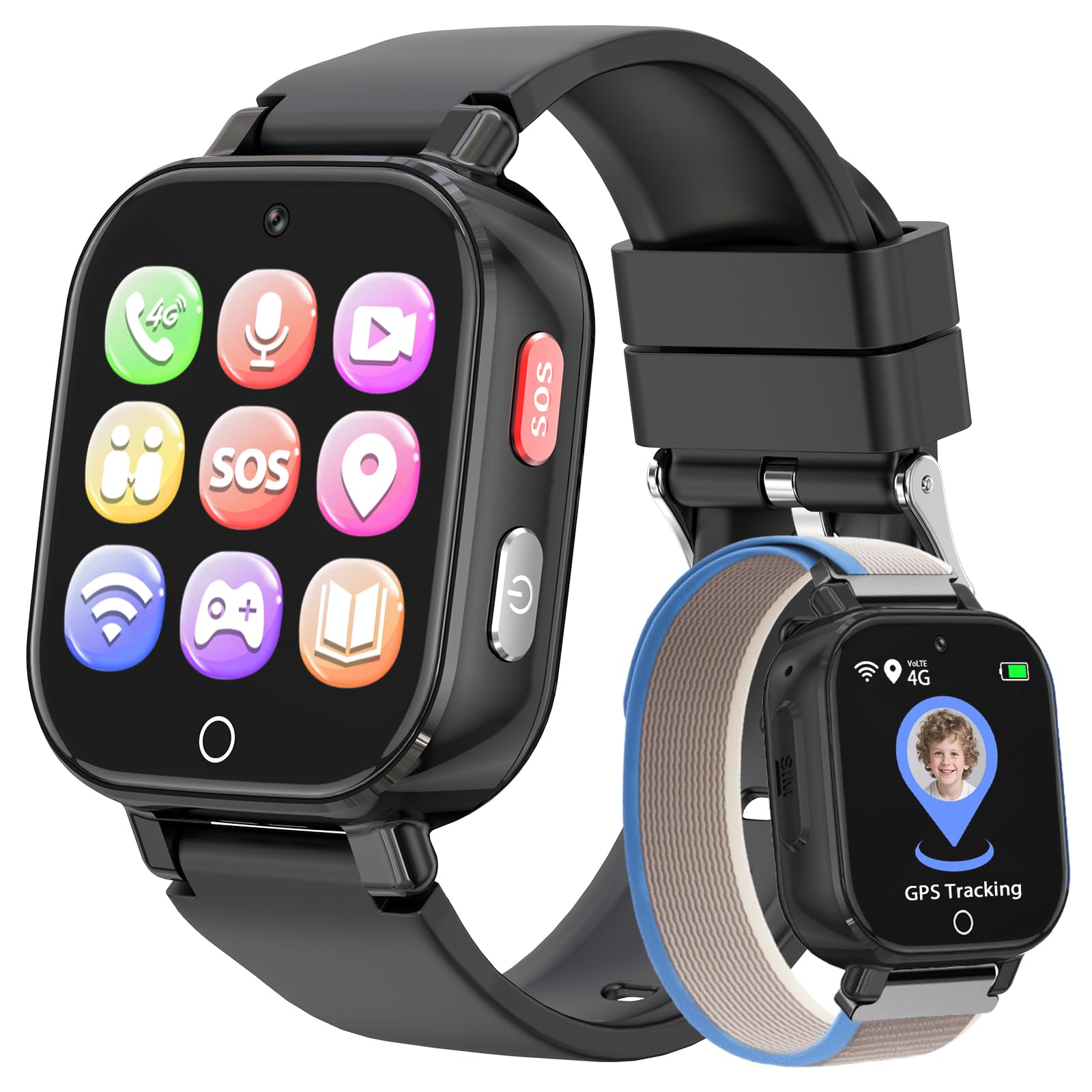 4G Smartwatch Kinder mit Videoanruf GPS SOS IP68 Wasserdicht Schulmodus Schrittzähler Kinderuhr Geschenk Jungen Mädchen 4-12 Jahren Schwarz