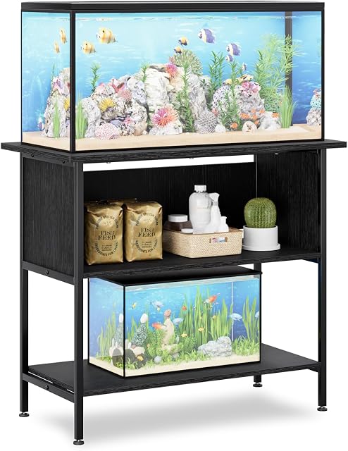 APPLOYN 40-50 Gallon Fish Tank Stand, Aquarium Stand with Shelf, Black | Fish Tank Accessories Storage, Turtle & Reptile Terrarium with 3 tier storage shelf