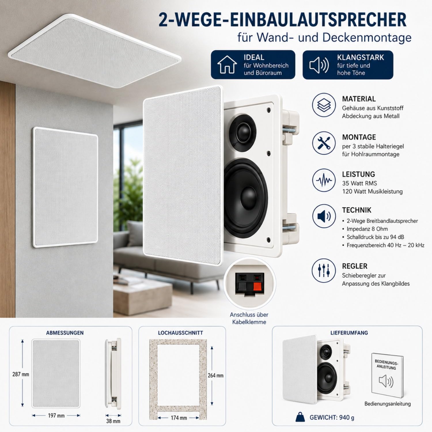 HAVA Głośnik szerokopasmowy do zabudowy 2-drożny, 35 W RMS, moc muzyczna 120 W